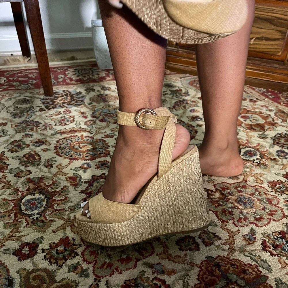 Jessica Simpson Beige Woven Espadrille Wedge Sandals with Ankle Strap